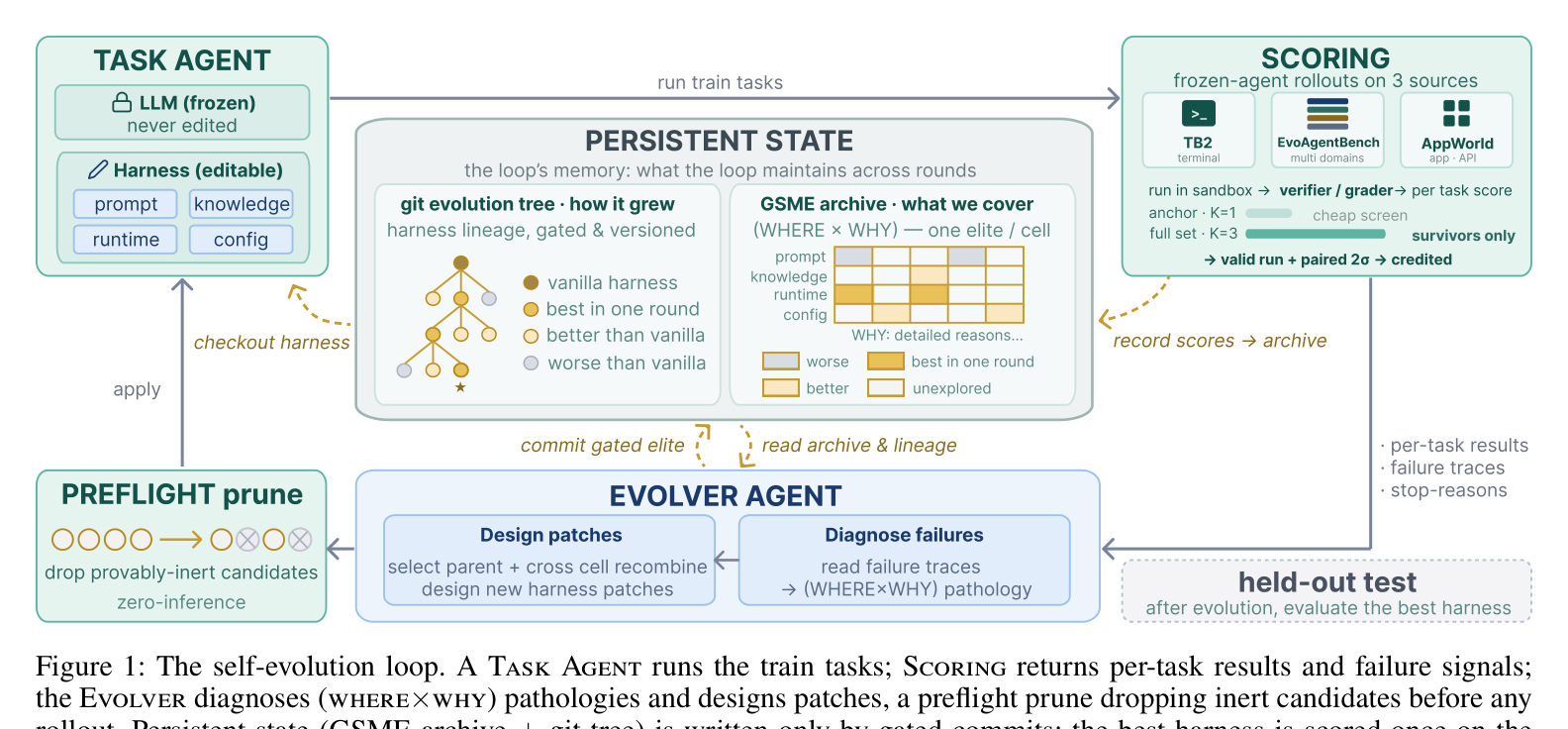 Figure 1: 자가진화 루프 — Task Agent가 훈련 작업을 실행하고, Evolver가 실패를 진단하여 패치를 제안하며, 결정론적 게이트가 크레딧을 부여한다