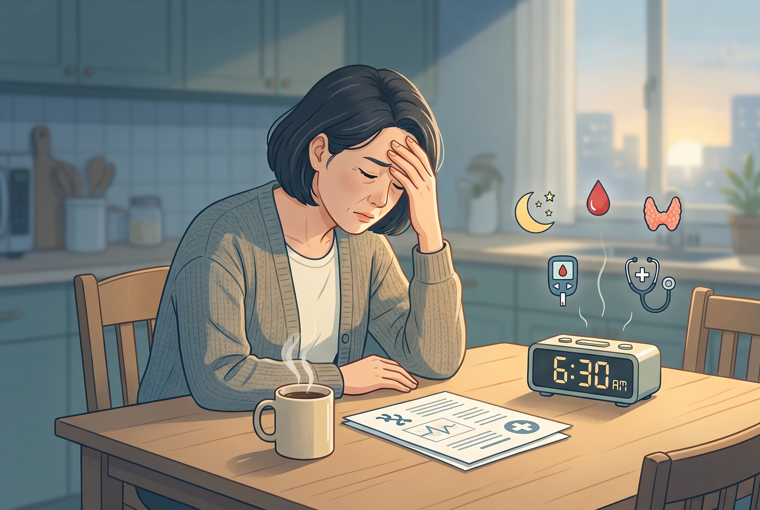 40대 만성 피로와 검사 우선순위를 떠올리게 하는 아침 상담 이미지