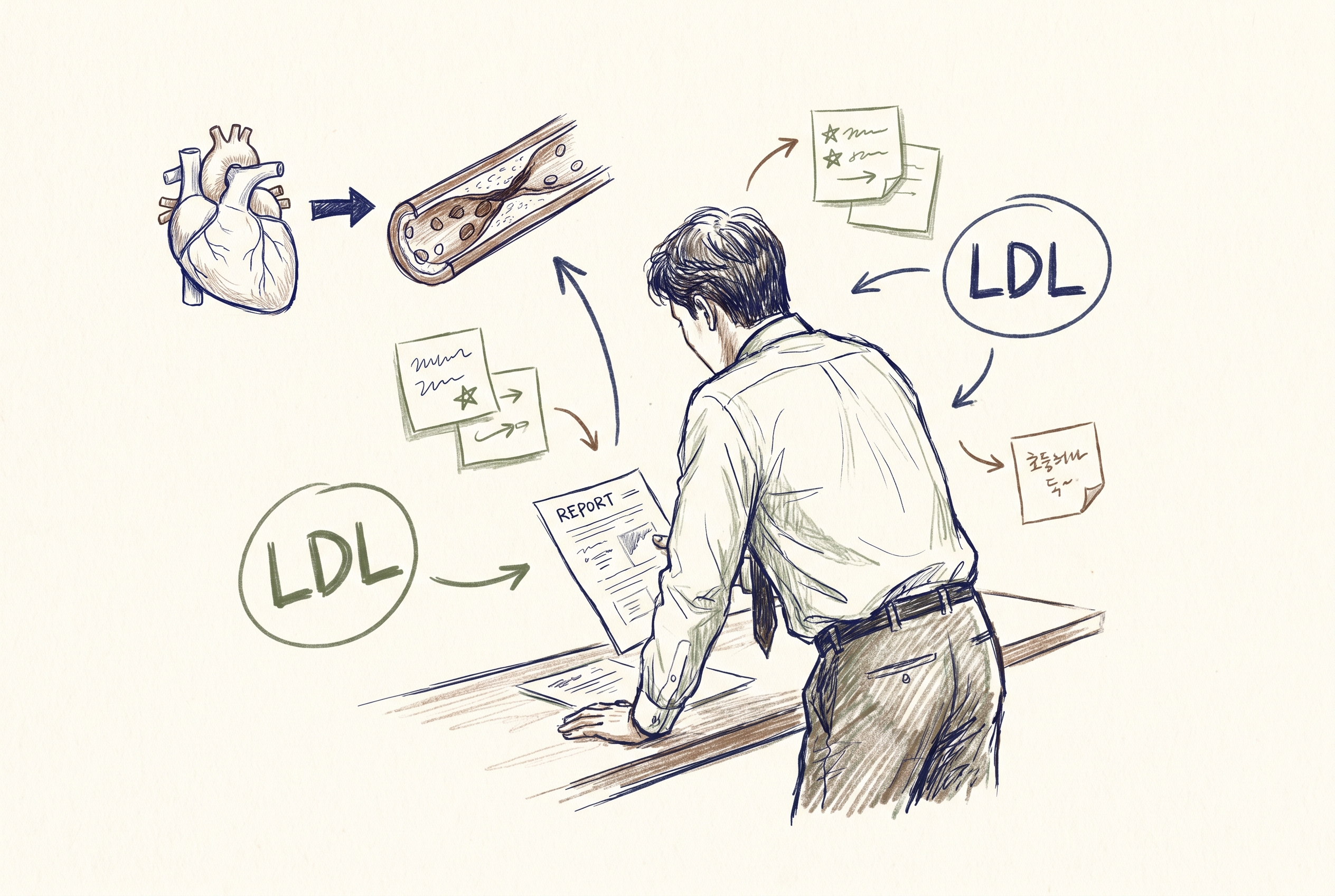 40대 건강검진표와 LDL 수치를 보는 장면