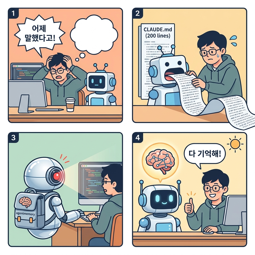 4컷만화: AI 에이전트의 기억 여정