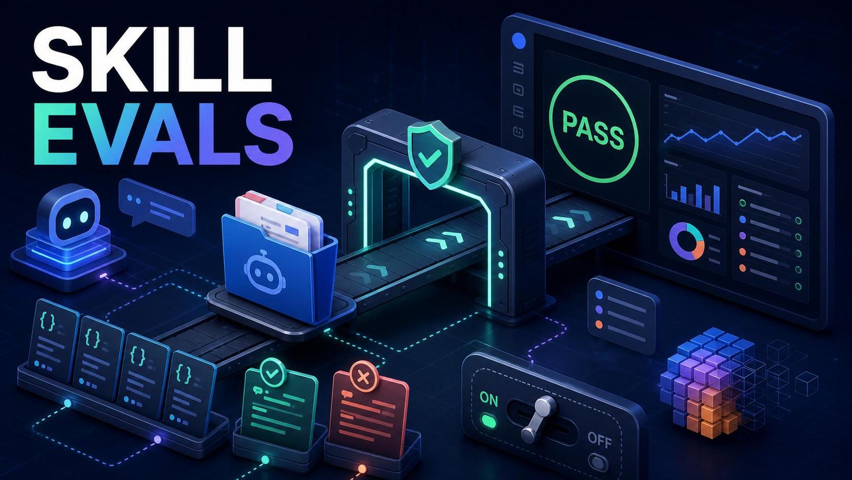 Agent skill 폴더가 CI eval gate를 통과해야 배포되는 장면. 스킬은 문서처럼 보이지만 실제로는 제품 동작을 바꾸는 코드에 가깝다.
