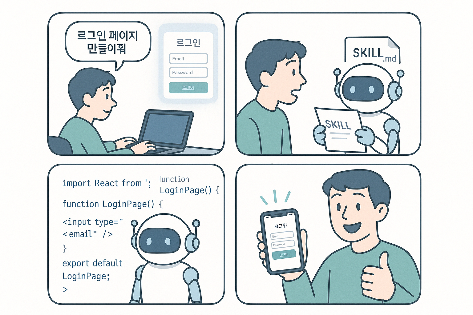 Stitch Skills 워크플로우: 프롬프트 → 디자인 → 코드 → 실행 앱, 4컷 만화