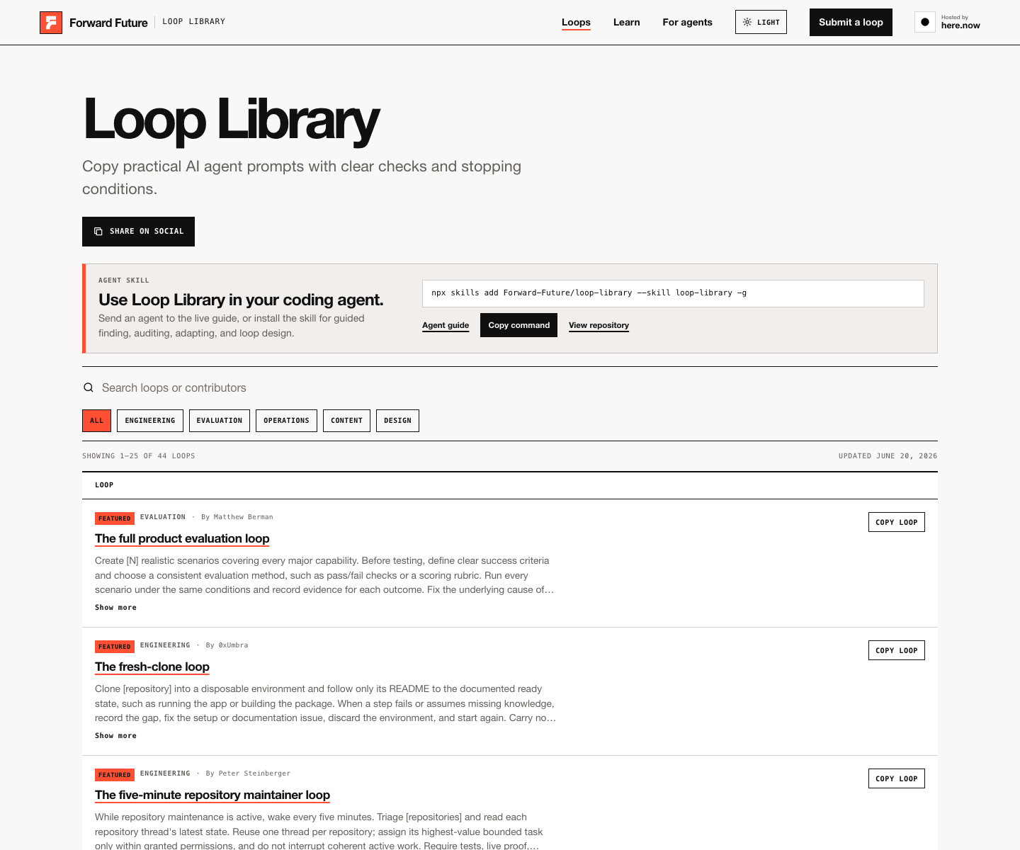 Forward Future Loop Library 메인 화면 — 반복 가능한 AI 에이전트 워크플로우 44개를 카테고리별로 제공