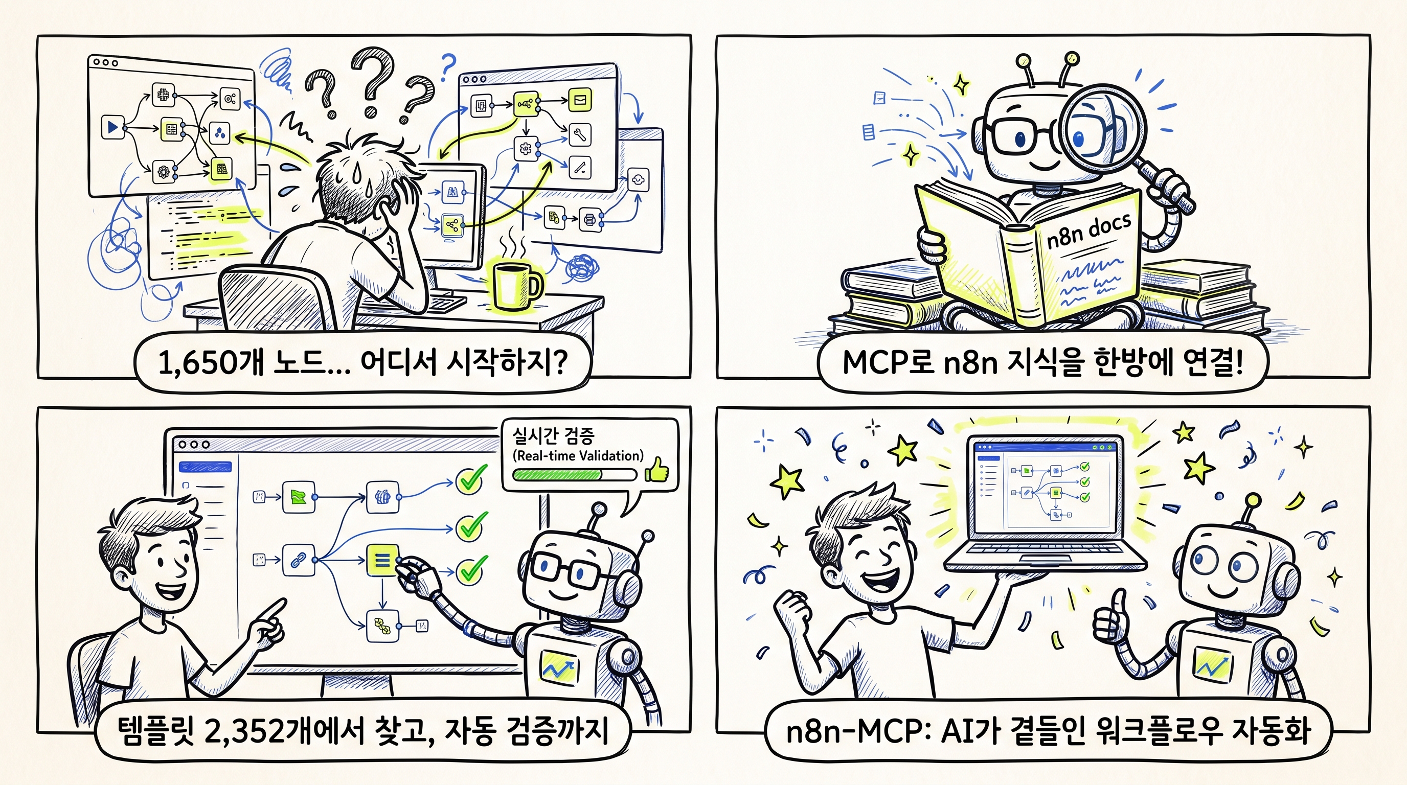 n8n-MCP 4컷 요약 — AI가 n8n 워크플로우를 대신 짜주는 시대