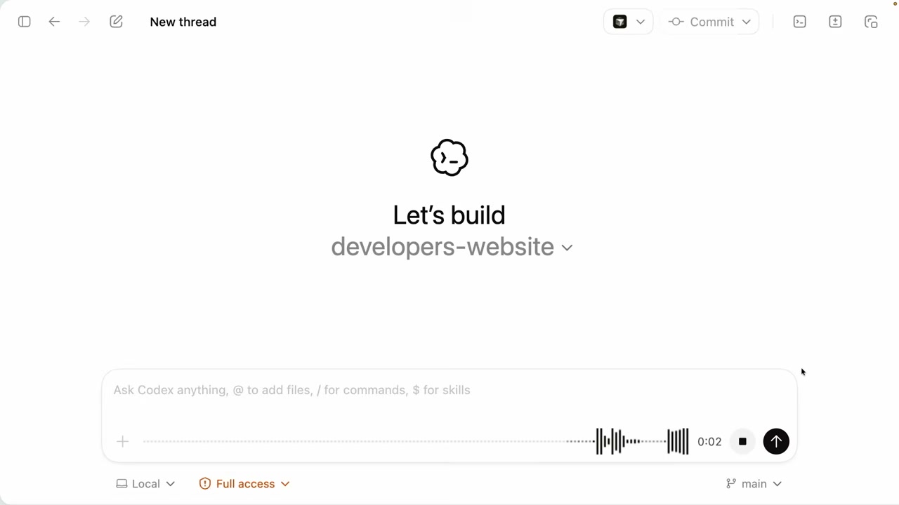Codex 앱에서 새 스레드 시작 — "Let's build developers-website"