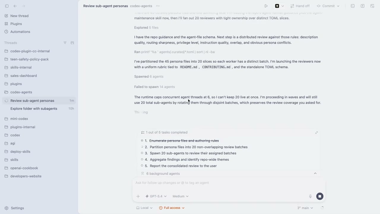 Codex 서브에이전트 데모 — 6개 에이전트 동시 실행 중 스크린샷