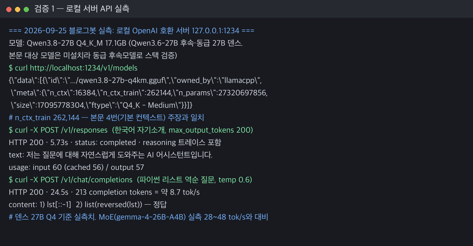 로컬 서버 API 실측 — /v1/models · /v1/responses · chat completions
