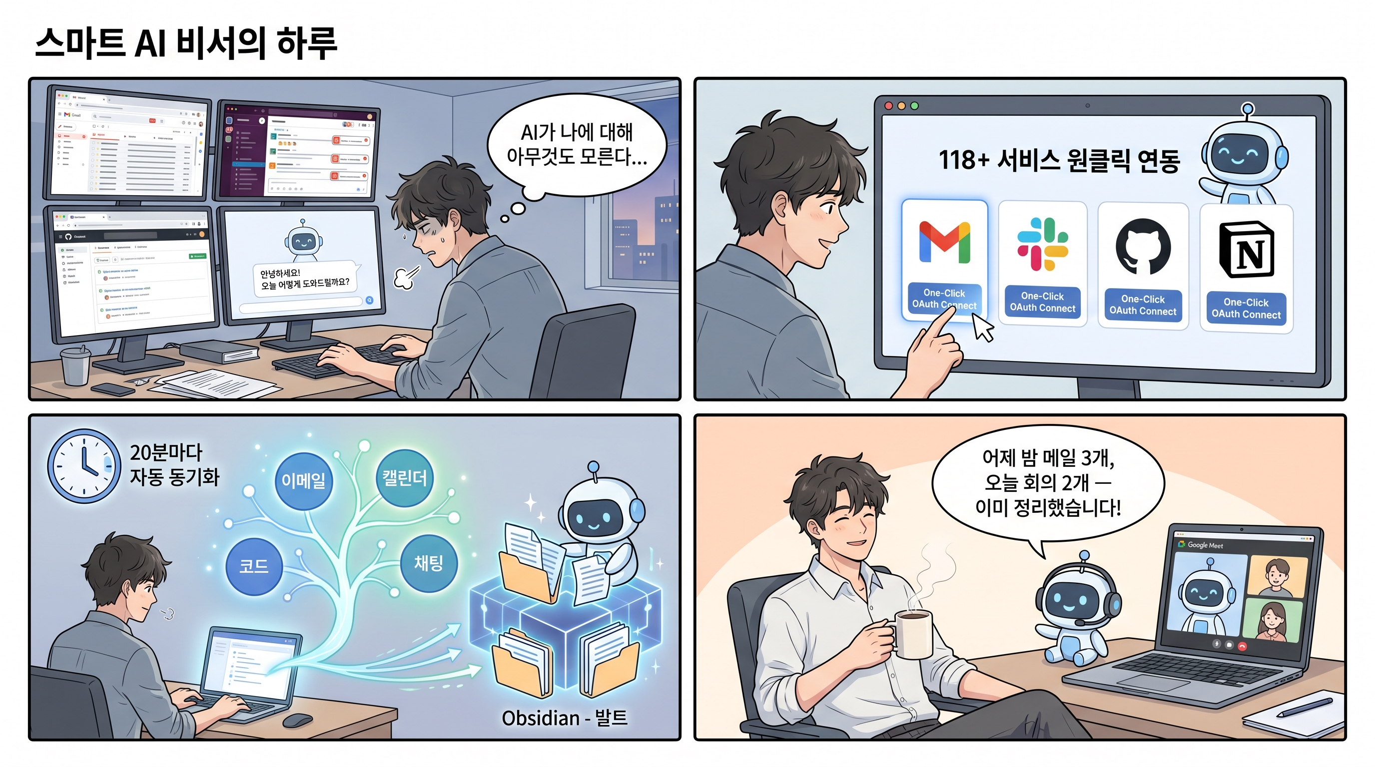 OpenHuman 4컷 만화 — AI가 나에 대해 아무것도 모른다 → 원클릭 연동 → 20분 자동 동기화 → 이미 다 정리했습니다!
